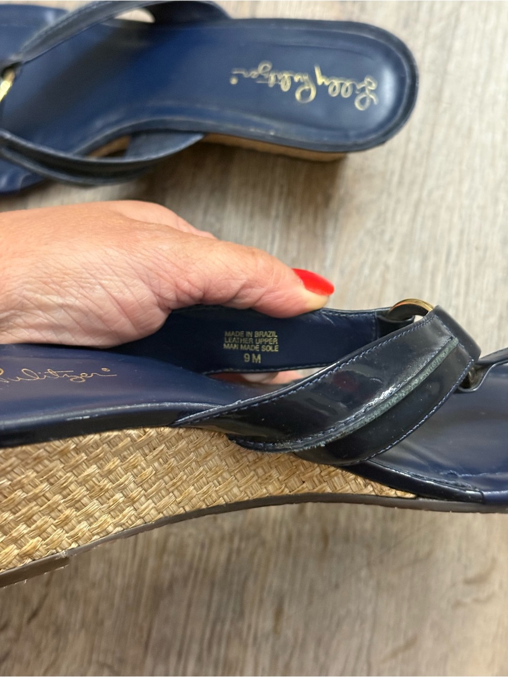 Lilly Pulitzer Navy Patent Wedge Thong Sandals with Gold Ring Accent - Picture 9 of 13